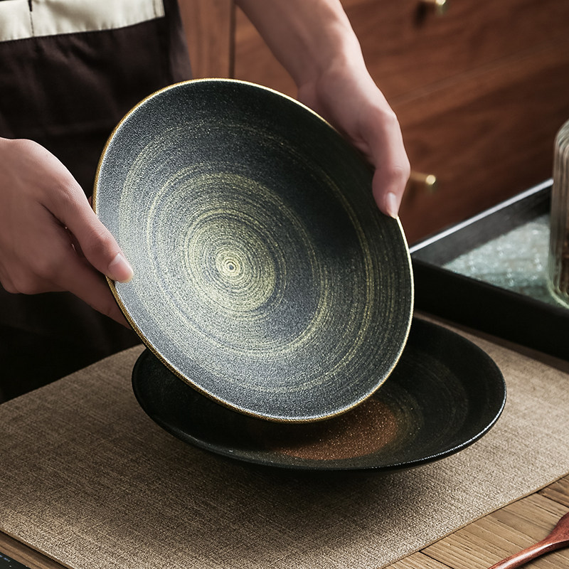 手绘乌金砂陶瓷斗笠碗家用西餐厅酒店陶瓷盘子沙拉碗水煮鱼肉大碗