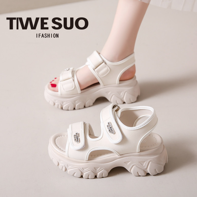 运动凉鞋女2026年夏季新款时尚厚底增高气质罗马休闲魔术贴沙滩鞋