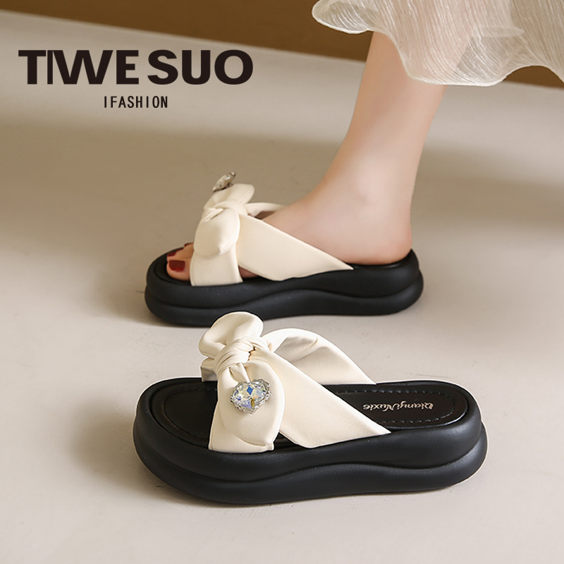 气质蝴蝶结凉拖鞋仙女风厚底沙滩