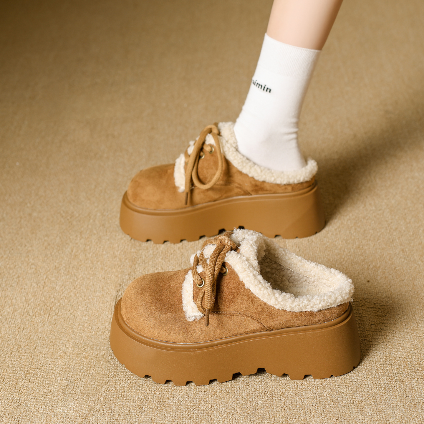 厚底包头勃肯半拖鞋加绒毛毛棉拖