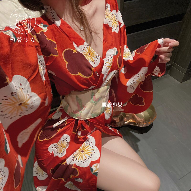 红色樱花和服温泉日式浴衣睡袍印花性感睡裙二次元网红款变装服图片