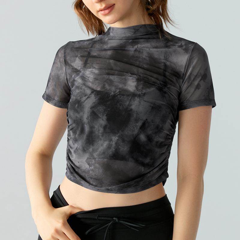 春季欧美时尚印花健身T恤女网纱褶皱瑜伽服短袖薄款内搭运动上衣,运动/瑜伽/健身/球迷用品,瑜伽t恤,淘宝优惠券,粉丝福利购,淘宝优惠卷