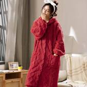 网红新可外穿睡衣女新款 套装 法兰绒加厚长款 提花珊瑚绒连帽长款