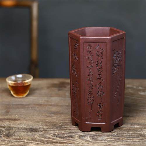 应小清紫砂盆精品千筒凹面刻绘兰花悬崖盆景植物桌面盆