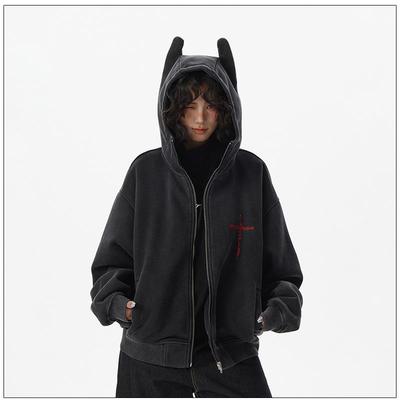达蒙岛秋冬新款小众设计水洗做旧小恶魔连帽卫衣女拉链开衫外套潮