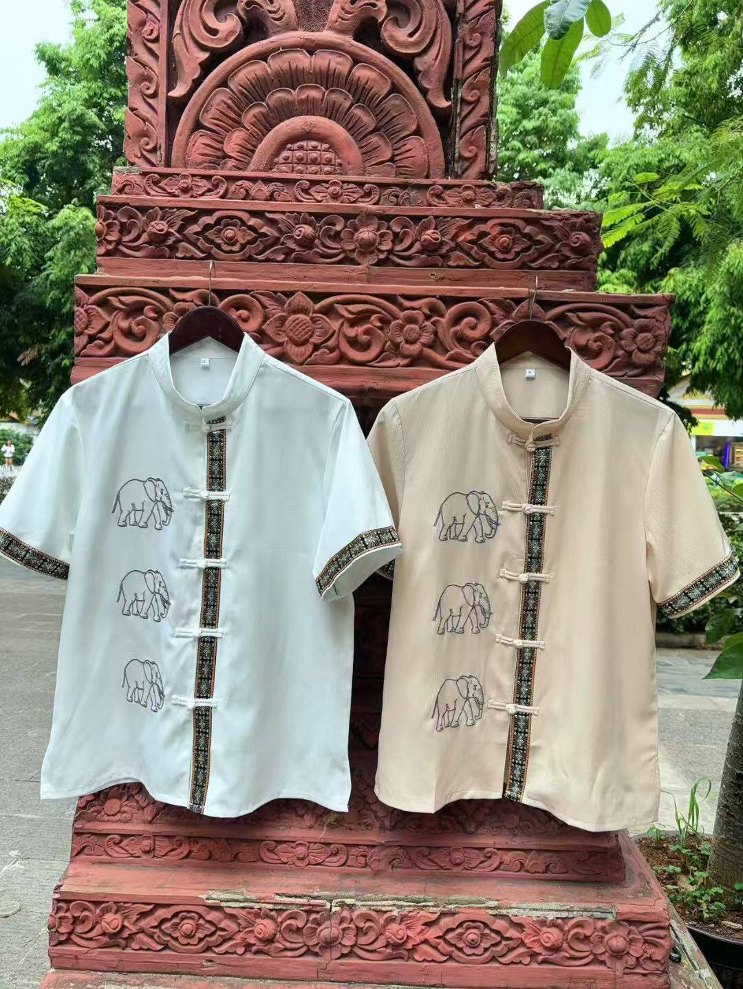 云南新款傣族服装小象图案男短袖傣族泼水节舞台表演民族风