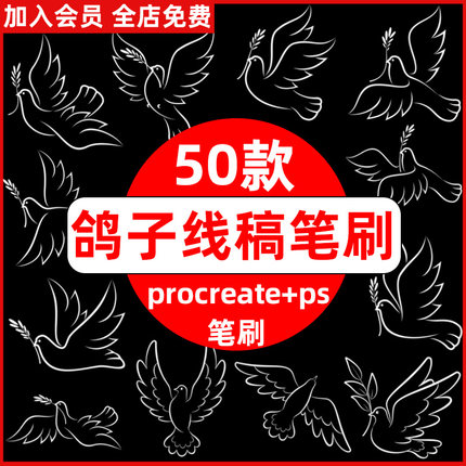ps笔刷procreate笔刷鸽子白鸽简笔画线描图案手绘小鸟飞翔斑鸠