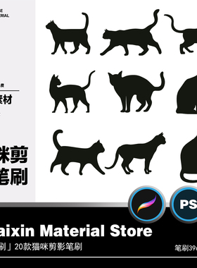 可爱黑色小猫猫咪剪影动物插画装饰素材procreate笔刷/ps笔刷绘画