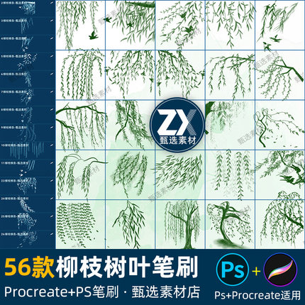 春天柳树柳枝柳条柳絮燕子植物风景插画素材procreate笔刷ps笔刷