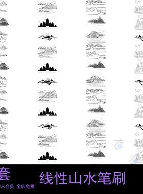 procreate笔刷ps笔刷金色线性山水古风国潮背景装饰插画风景线稿