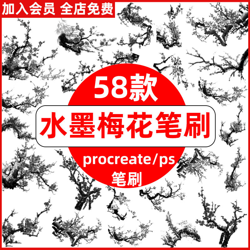 中国风水墨梅花腊梅花枝传统古风国画图案插画procreate+ps笔刷