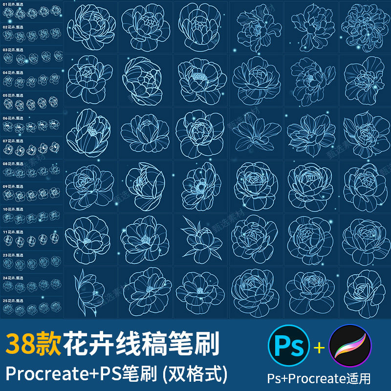 procreate笔刷ps笔刷玫瑰牡丹花朵植物纹身刺青花卉图案手绘线稿_虎窝淘