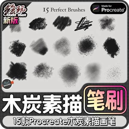 精品15款木炭素描画笔刷写实素描木炭笔刷Procreate笔刷iPad笔刷