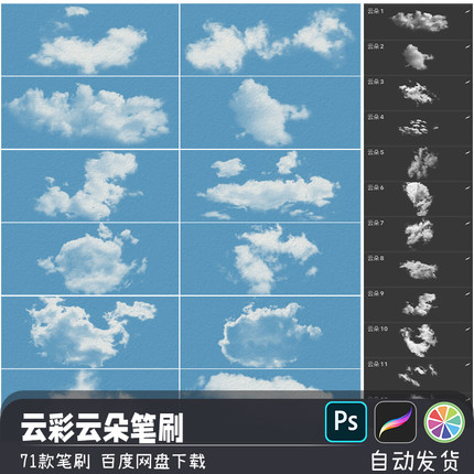 写实云彩云朵造型PS/SAI2笔刷预设procreate画笔绘画后期设计素材