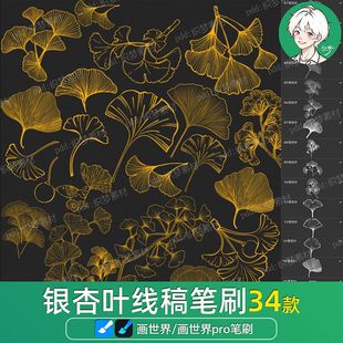 画世界pro笔刷素材银杏叶子植物树叶手绘线稿落叶草装饰图案画笔