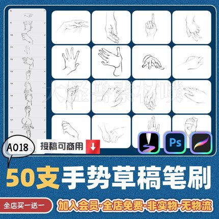 ps天生会画procreate绘画笔刷漫画手部手势辅助线稿动作姿势临摹