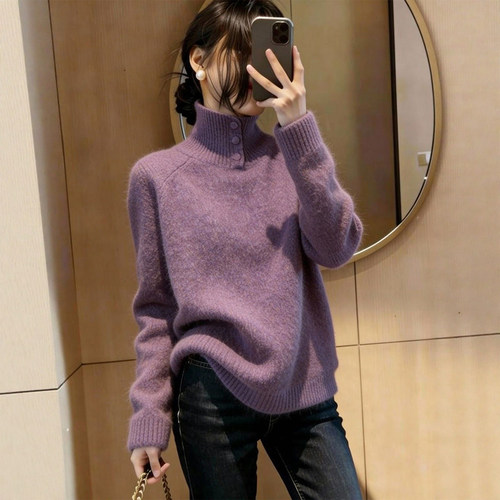 秋冬紫色高领纽扣宽松软糯针织衫巨好看百搭毛衣女冬季慵懒1008d