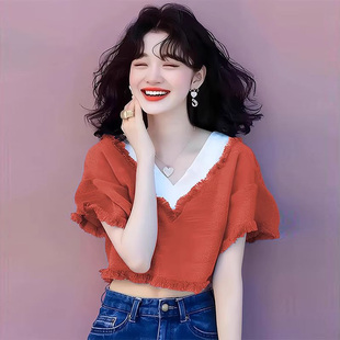 RIERA多巴胺橘红色v领毛边针织衫假两件短袖T恤独特超好看上衣女