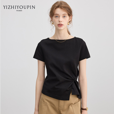 一字领露肩不规则短袖T恤女夏季2026新款扭结设计感修身收腰上衣