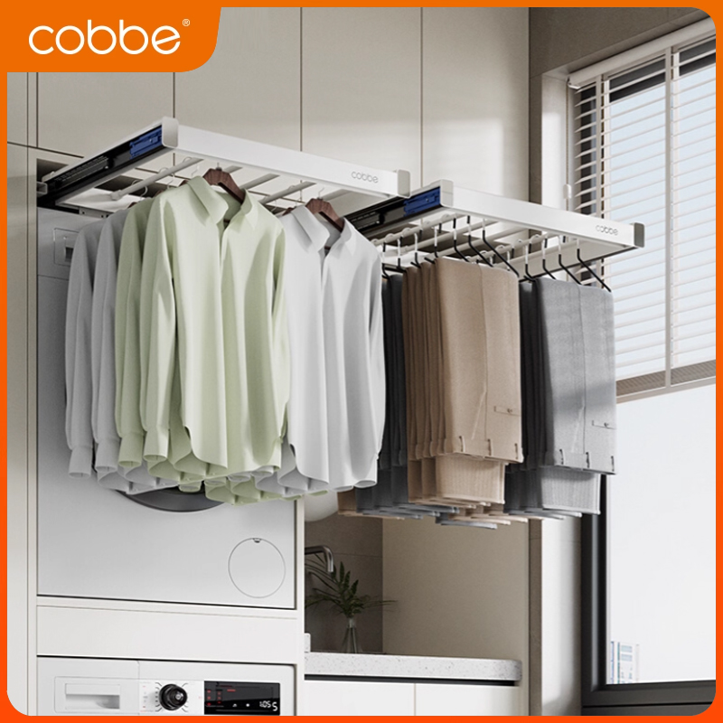 洗衣机抽拉衣架阳台上方挂衣杆伸缩式隐形晾衣架裤架内置收纳滑轨