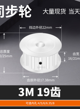 同步轮3M19齿AF齿宽16/21内孔563581012.7马达钢锥套定制同步带轮