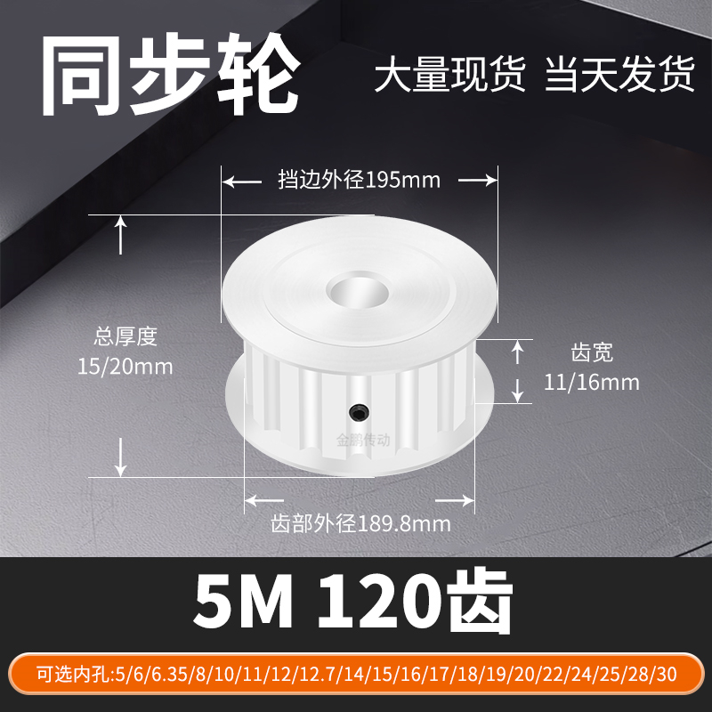 同步轮5M120齿AF型齿宽11/16内孔10121519马达钢锥套定制同步带轮