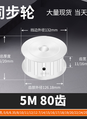 同步轮5M80齿AF型齿宽11/16内孔101215192马达钢锥套定制同步带轮