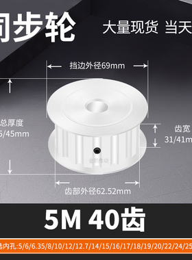 同步轮5M40齿AF齿宽31/41内孔5681012145M马达钢锥套定制同步带轮