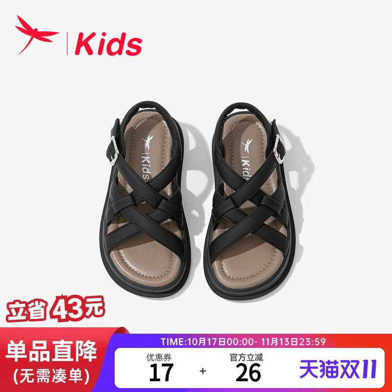 红蜻蜓女童夏季黑色罗马凉鞋