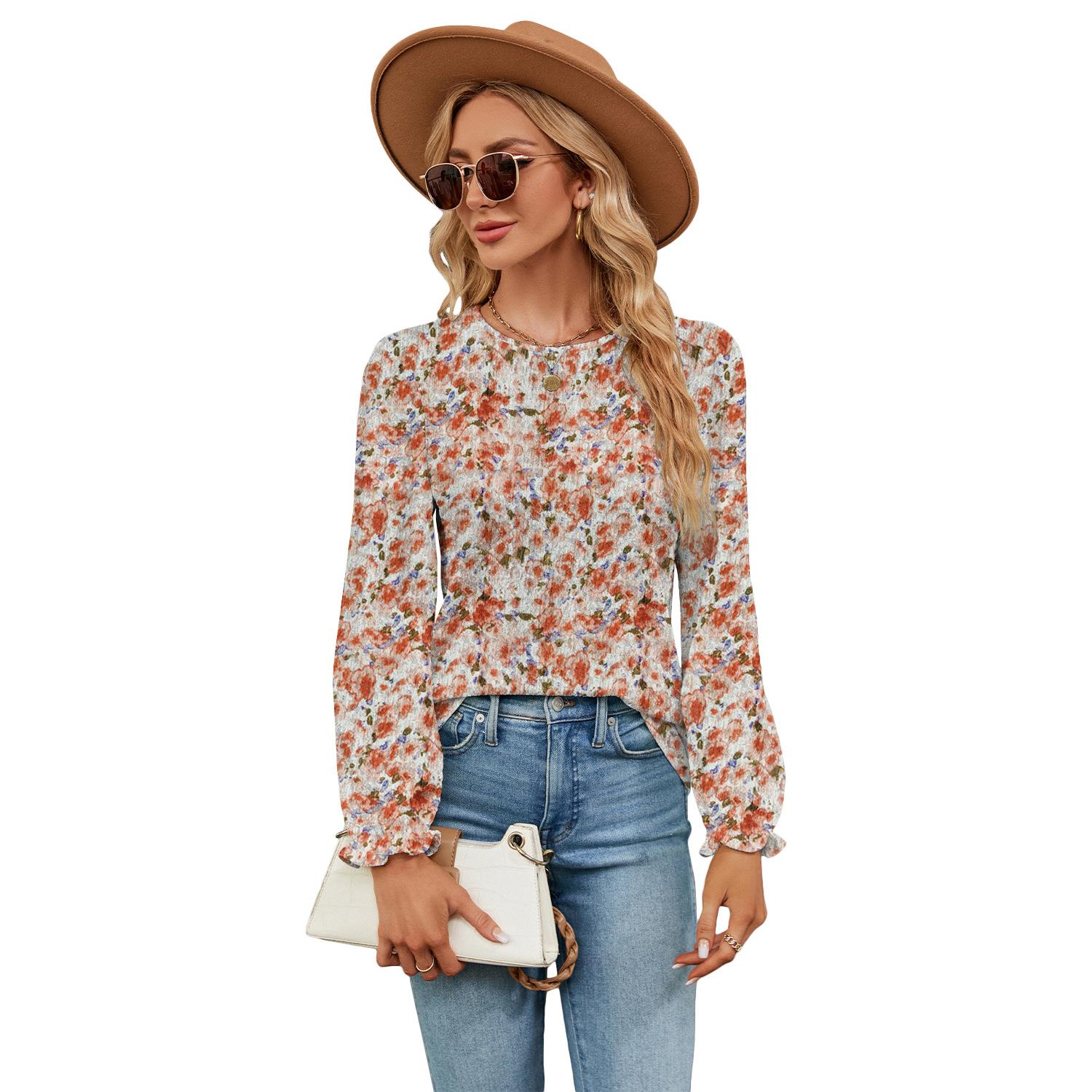 Womens floral tops for women loose and versatile round neck