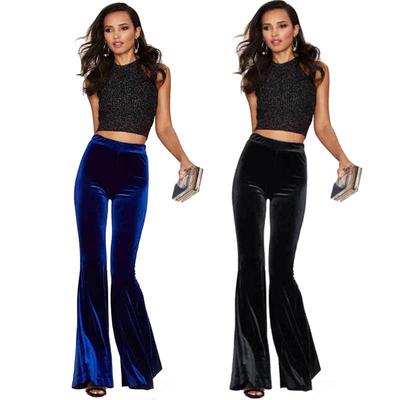 Velvet pants British style women's blue high waist trousers