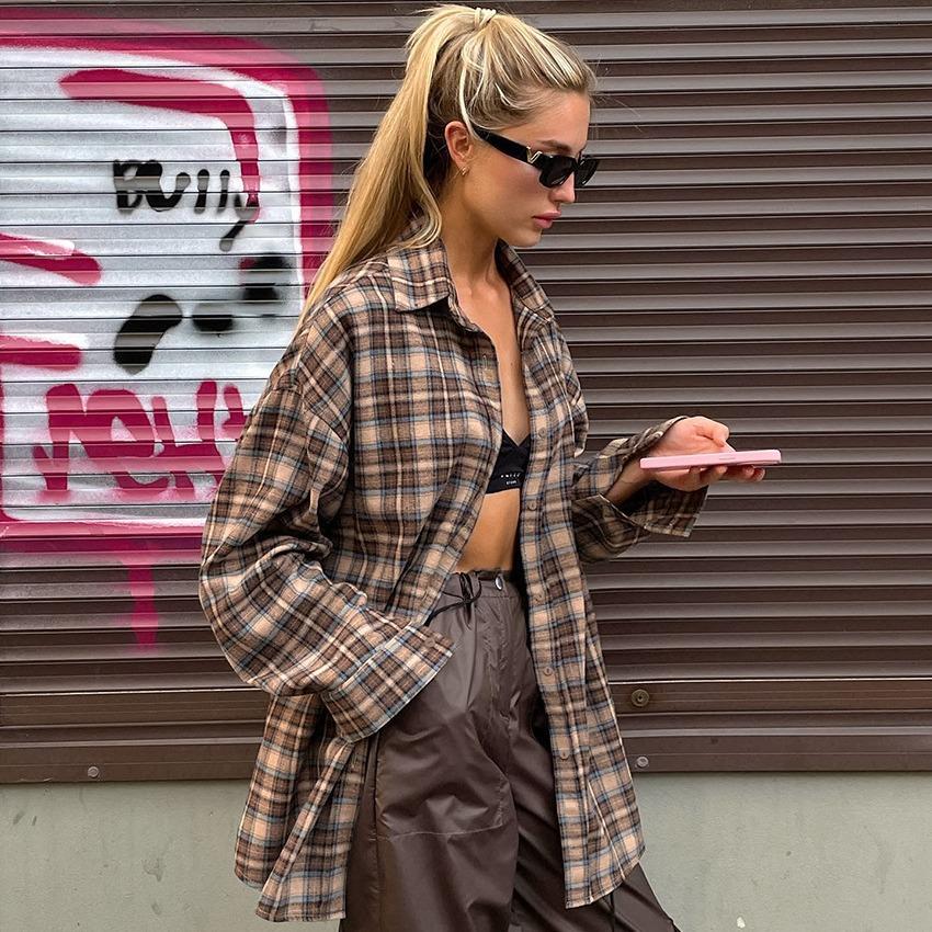 Plaid cotton shirt women's long loose plaid shirt