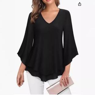 Pleated Solid Top Shirt quarter Womens Three Layer Sleeve