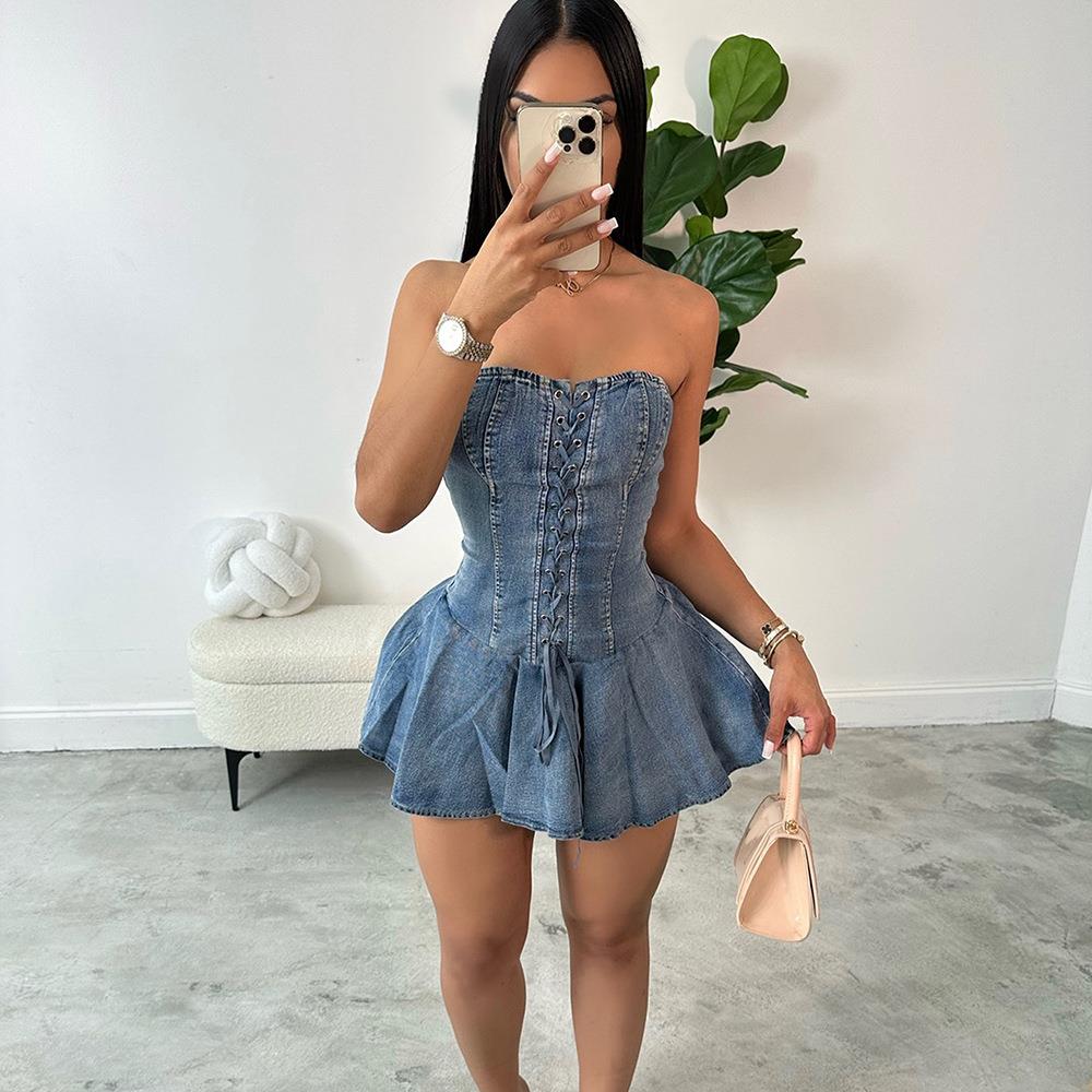 Dress zipper transparent skirt chest short lotus womens
