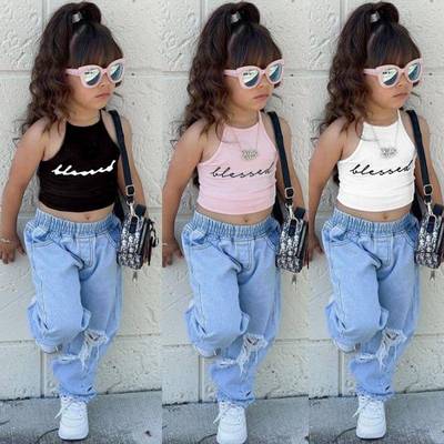Childrens sleeveless two-piece top casual vest jeans set