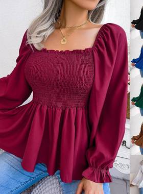 soild peplum casual shits mujer lady waist elastic para