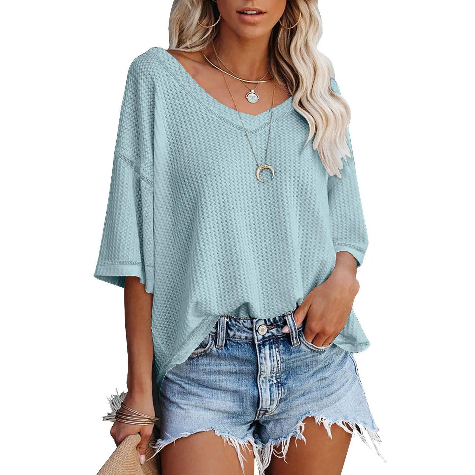 V-neck knit T-shirt solid waffle loose color sleeve top