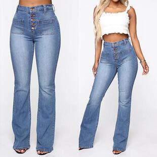 Patch Pocket Jeans Washed Pants Button Womens