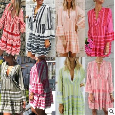 Skirt Short Pleated Chiffon V-neck Fashion Loose Dress