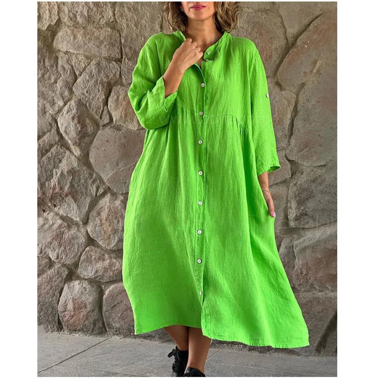 dress long button casual color solid linen and cotton