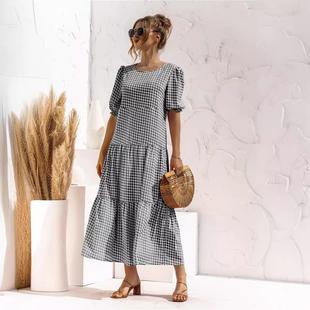 plaid skirt polka long Sleeve dress loose dot stitching