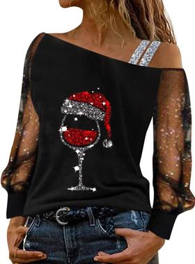 women slash neck off the shoulder -shirt glitter head print