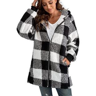 Sleeve Loose Womens Pocket Plush Zipper Plaid Long Hooded