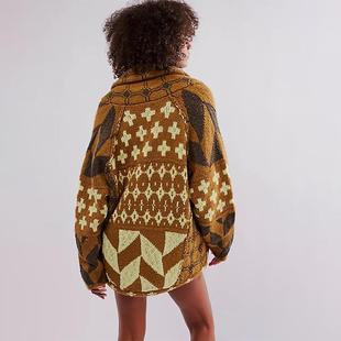 abstract Knitted sweater lapel long for loose women knitted