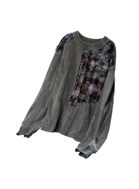 lablfe-格纹拼接重构水洗长袖TEE 破坏风 男女同款