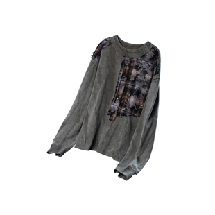 男女同款 lablfe 破坏风 TEE 格纹拼接重构水洗长袖