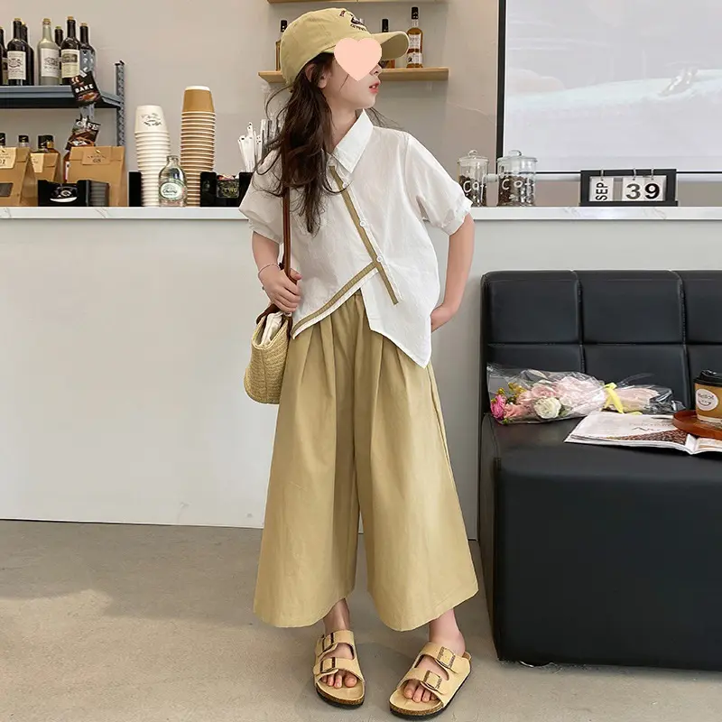 新款时尚薄款上衣阔腿裤两件套潮女童韩版纯色休闲套装中大童夏季