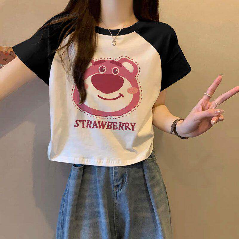 夏季新款纯棉圆领高腰拼接设计感短款短袖t恤上衣女韩版宽松半袖