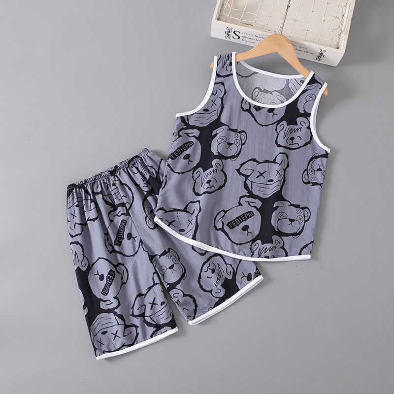 男童夏季薄款儿童棉绸睡衣女童宝宝空调服套装绵绸背心男孩家居服