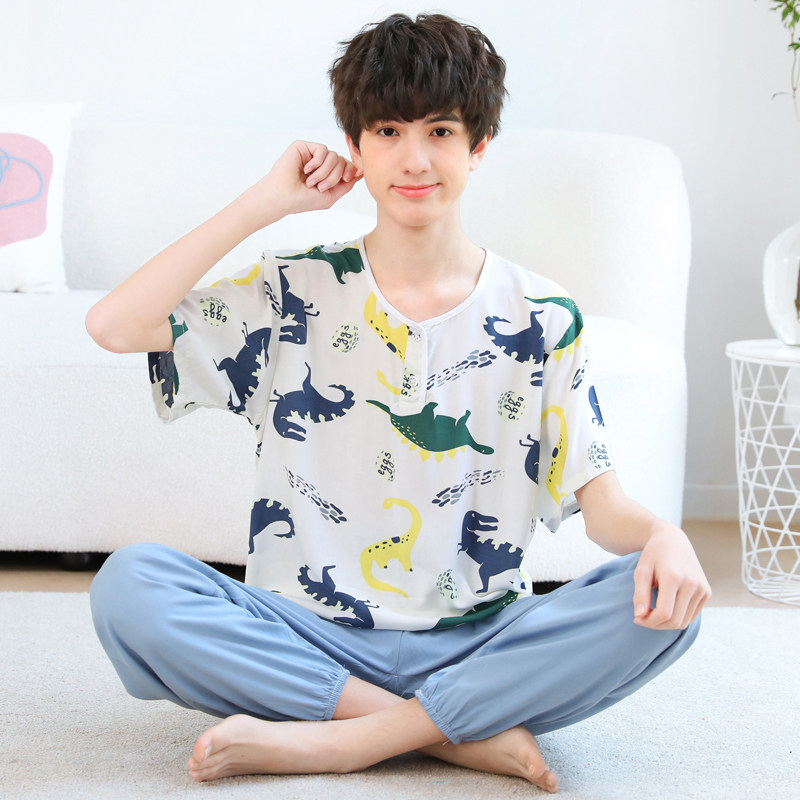 夏季青少年中学生绵绸家居服大童薄款棉绸睡衣男童短袖人造棉套装